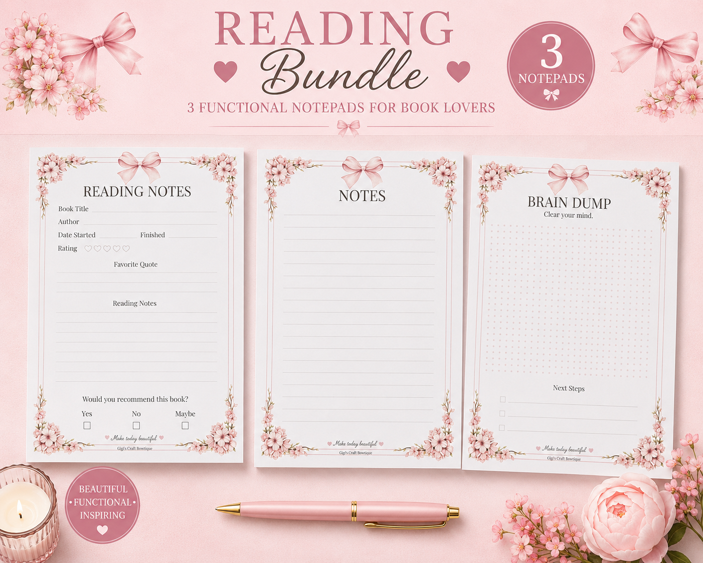 Coquette Bows Notepad Collection | Handmade Tear-Off Planner & Notes Portfolio