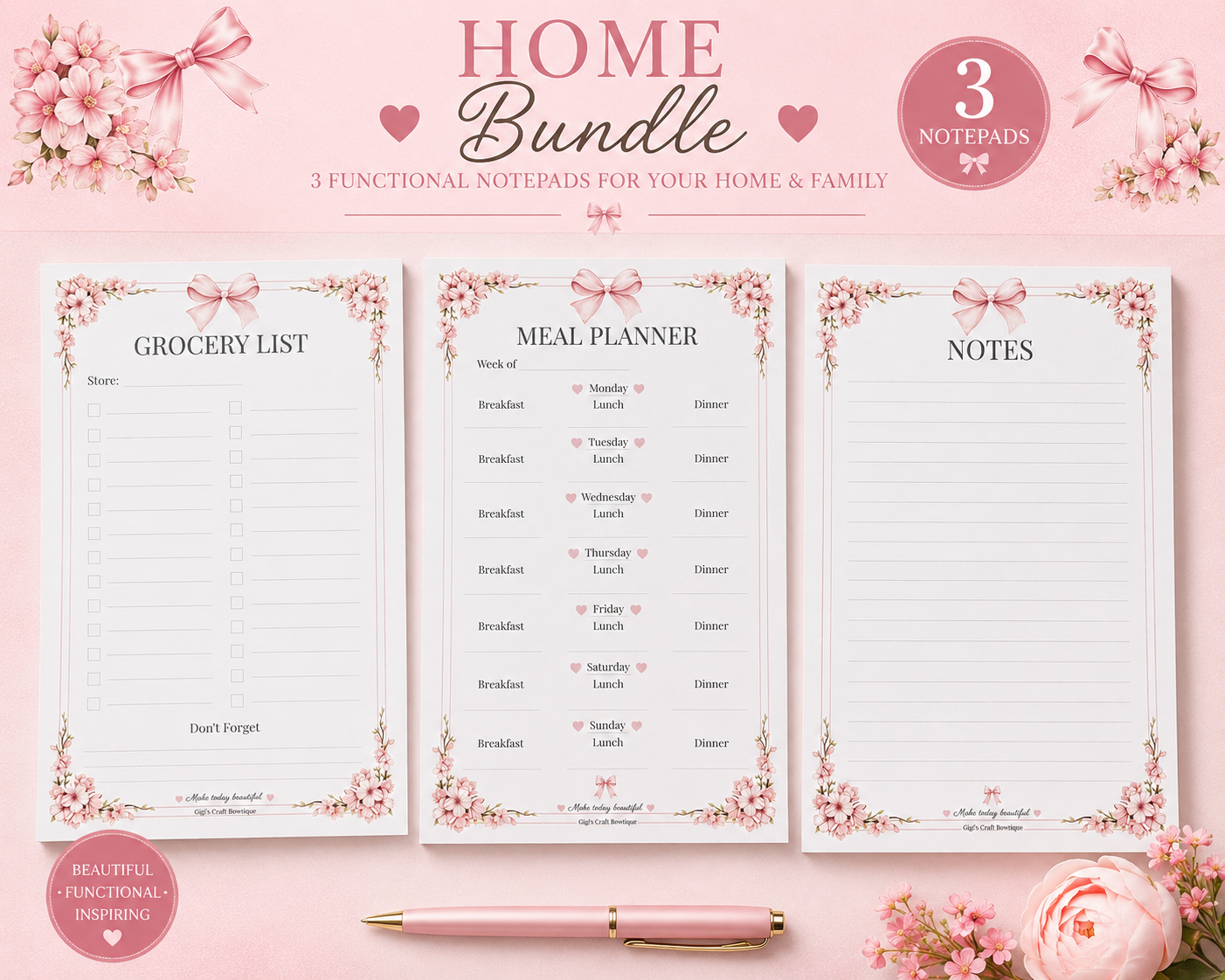 Coquette Bows Notepad Collection | Handmade Tear-Off Planner & Notes Portfolio