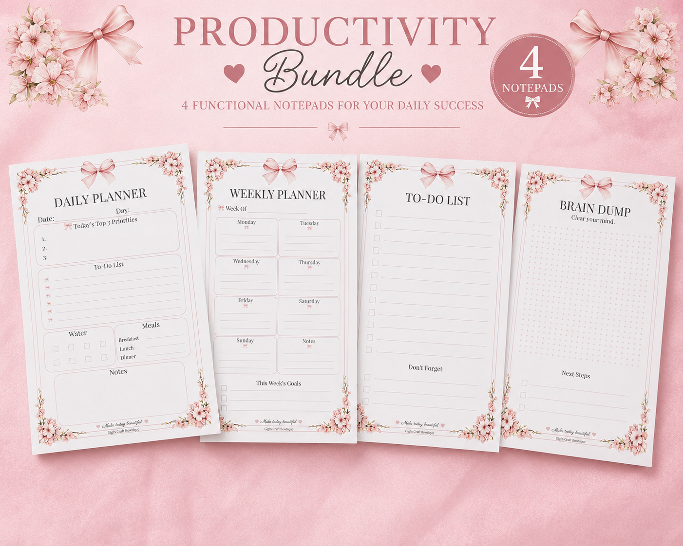 Coquette Bows Notepad Collection | Handmade Tear-Off Planner & Notes Portfolio