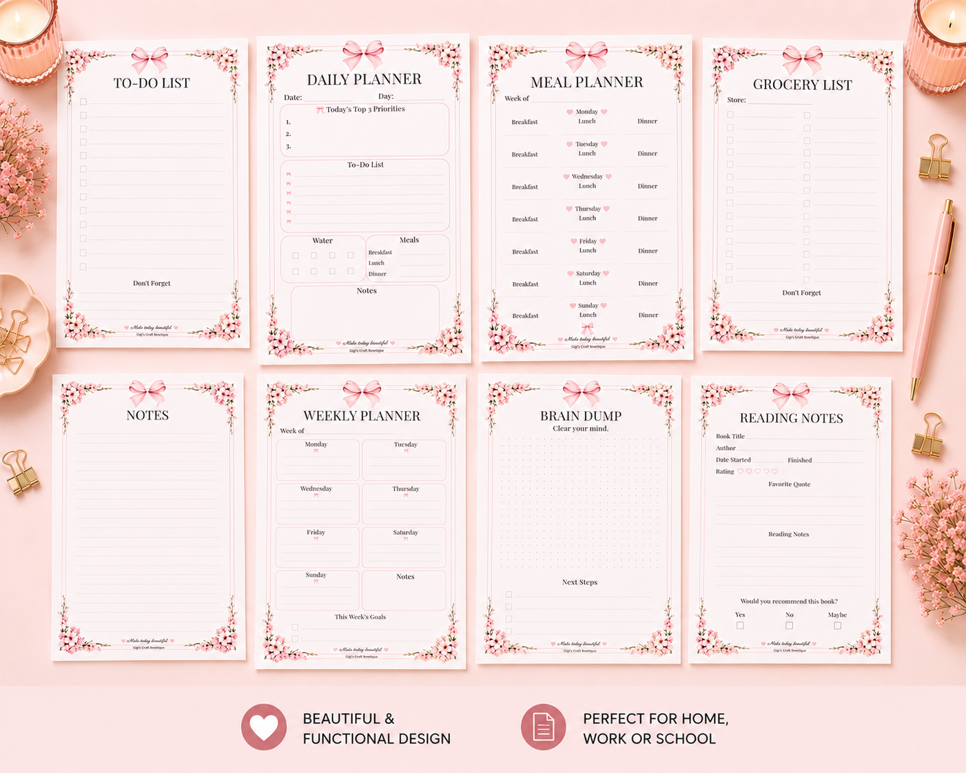 Coquette Bows Notepad Collection | Handmade Tear-Off Planner & Notes Portfolio
