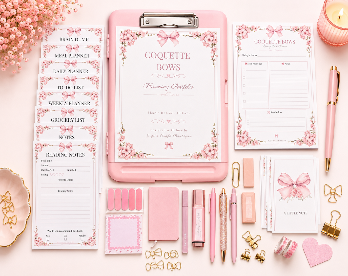 Coquette Bows Notepad Collection | Handmade Tear-Off Planner & Notes Portfolio