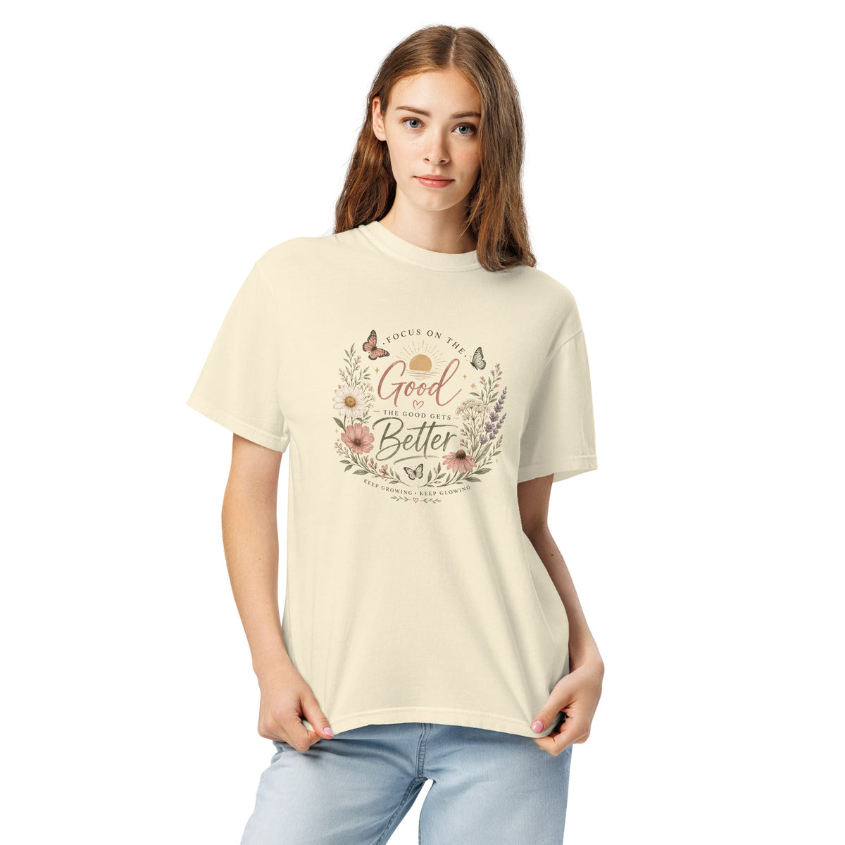 Focus on the Good Shirt, Women’s Floral Comfort Colors Tee, Positive Inspirational T-Shirt, Boho Wildflower Graphic Tee, Gift for Her - Gigi’s Craft Bowtique